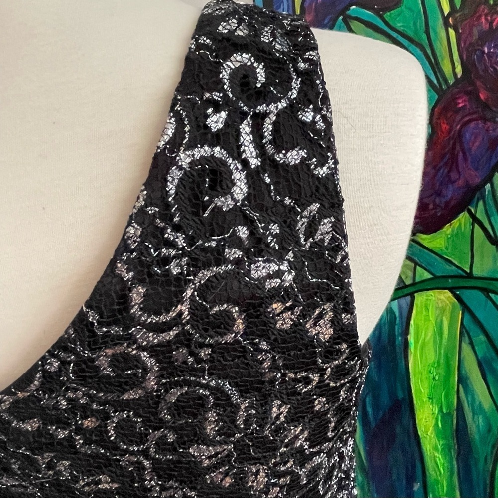 Holiday Party Dress Metallic Lace Gown Formal Black Silver Calvin Klein - Picture 4 of 12